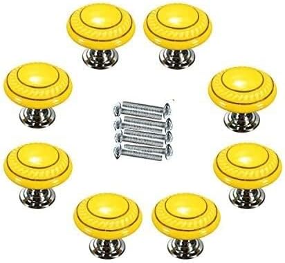 Ceramic Handle - 8PCS Yellow Chinese Style Round Shape Single-Hole Ceramic Door Knob -Vintage Hand Painted Pull - Baby Kid's Children's Furniture Drawer Handles Decorative