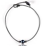 Barch Young Single Genuine Peacock Pearl Choker Necklace on Black Leather Cord for Women (Peacock Pearl-16)