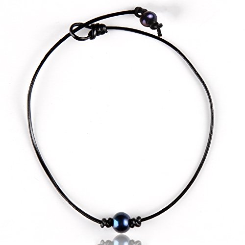 Barch Young Single Genuine Peacock Pearl Choker Necklace on Black Leather Cord for Women (Peacock Pearl-16)