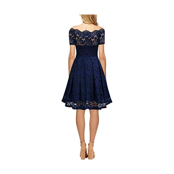 MISSMAY Women's Vintage Floral Lace Short Sleeve Boat Neck Cocktail Party Swing Dress (Large, Navy Blue)