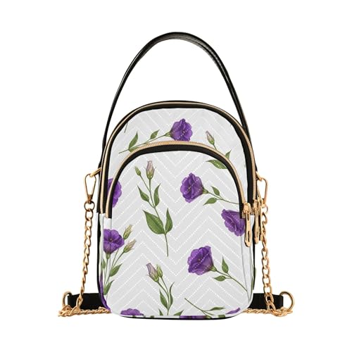 Single Shoulder Purse Women Purple Floral White Quilted Chain Wallet Cell Phone Purse Cute Zipper Crossbody Bowler Bag, 5.9