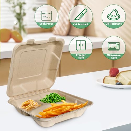image for Aricsen Compostable 100 Pack 8x8 Inch 3 Compartment Takeout Lunch Box 
