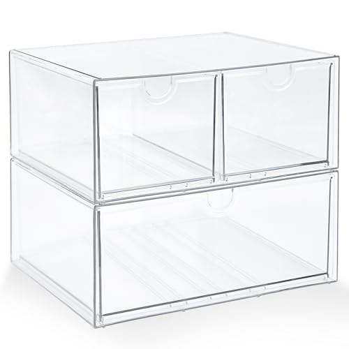Prsildan Acrylic Drawer Makeup Organizer with 3 Drawers, Clear Stackable