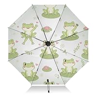 RPLIFE Travel Umbrella Windproof Folding Umbrella, Umbrellas for Backpacks/Handbags, Rain, Wind and Sun, Cute Cartoon Frogs Green White
