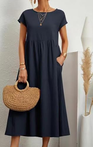 Image of BIRW Cotton Linen Dresses for Women 2025 Summer Casual A Line Flowy Dress Beach Vacation Midi Gauze Dress with Pockets