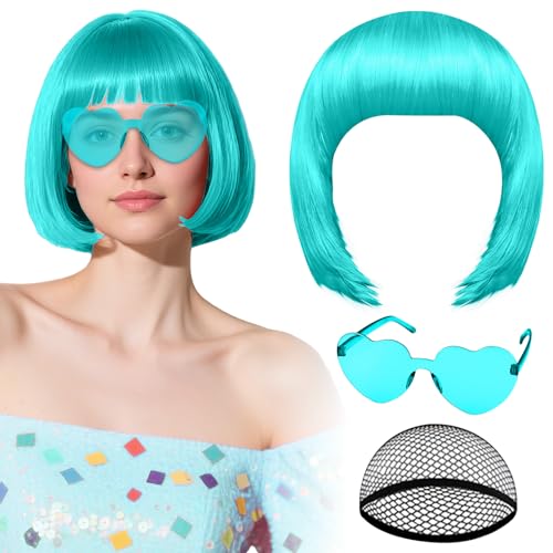 PLULON Lake Blue Bob Wig with Heart Glasses Hair Cap Neon Colored Party Wig