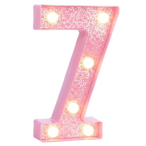 Image of Pink Light Up Marquee Numbers, Glitter LED Number Lights Signs Battery Operated for Girls 7th 17th 27th Pink Birthday Party Table Decorations, 8 Inch Tall Number 7 with Warm White Lights