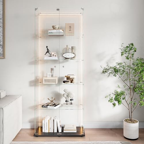 Vitrina de cristal con LED, vitrina coleccionable de pie, con 2 puertas de cristal con cerradura y 5 estantes de cristal, vitrina transparente (negro, 2 puertas, 5 pisos, tira LED)