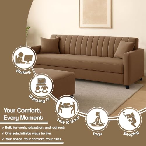 Image of 3+2 Fabric Sofa Set with Ottoman for Living Room | Modern 5-Seater Sofa Couch | with Soft Cushion, Premium Velvet Fabric - Golden Color