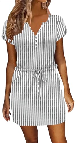 Image of Womens Summer Casual Dresses Short Sleeve Striped Dress Boho Beach Vacation Tie Drawstring Waist Sun Dresses with Pockets