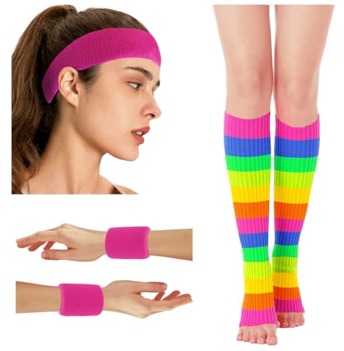 Image of v28 Neon Leg Warmers Set for women Headband Sweatbands Wristbands 80s 90s Pink Running Fanny 80's Plus Size Costumes Pack