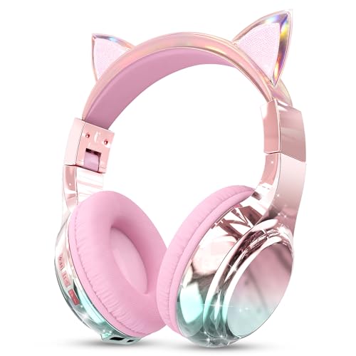 QearFun Kids Cat Ear Bluetooth Headphones, 60H Playtime, 74/85/94dB Safe Volume Limit, Metallic Gradient Wireless Headset with Mic, Fast Charging,...