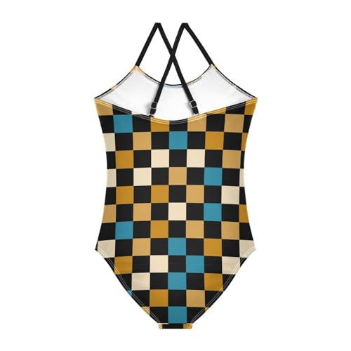 Image of Black and White Chess Girls One Piece Swimsuits Board Marble Tile Sport Halter Swimwear Beach Bathing Suit 3T
