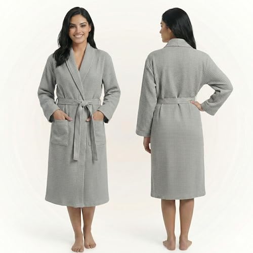 Image of Fash Home-Unisex Bathrobe-Waffle design at Top & Soft TerryTowel inside for quick absorbancy and softness -100% Soft Cotton |Full Size | Perfect for Royal Elite Class Men /Women /Couples (Natural Grey)