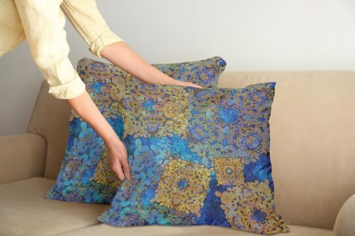 Ambesonne Ethnic Pillow Cushion Cover Pack of 2, Traditional Motif Effects Exotic Style Boho Design Art Watercolor Style, Decorative Square Accent Pillow Case, 2 Pcs-18" x 18", Pale Coffee and Blue