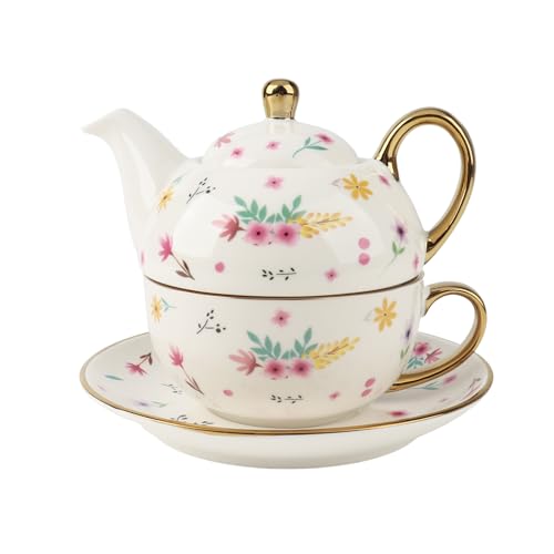 Tea for One Teapot Tea Cup and Saucer Gifts for Women Vintage Floral Gold-Plated Tea Set for one (Pink)