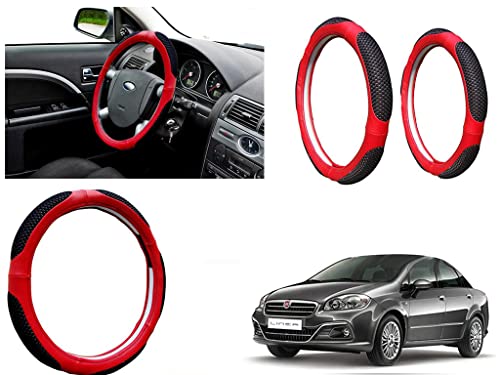 Image of Microfiber Car Steering Wheel Cover, Soft Padding Great Hand Feel, Anti-Slip, Faux Leather Steering Cover for Fiat Linea New | Black Red Jali - Pack of 1