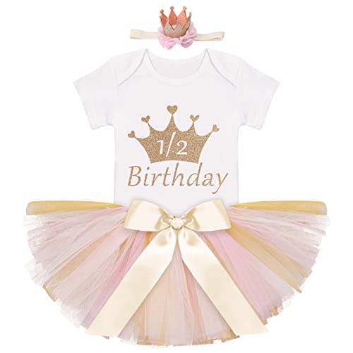 IBTOM CASTLE Baby Girls 1/2 Birthday Cake Smash Outfit Princess Romper +Tutu Skirts +Crown Newborn Photography Clothes Set