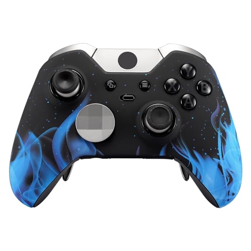 eXtremeRate Blue Flame Fire Faceplate Cover, Soft Touch Front Housing Shell Case for Xbox One Elite Controller Model 1698 with Thumbstick Accent Rings - Controller NOT Included