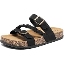 Womens Cork Footbed Sandals with Arch Support Comfortable Adjustable Straps Braided Sandal with Double Buckles, Non-Slip Walking Slide Sandals Slip-On Summer Shoes Beach Slides Footwear