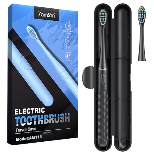 7am2m 電動歯ブラシ 充電式 38,000回/分 高速音波振動 USB-C急速充電 60日間持続 携帯用 音波電動歯ブラシ コンパクト トラベル 歯ブラシ オートタイマー機能 IPX7防水 替えブラシ2本付き 収納ケース付き 外出/旅行/オフィス用 ブラックの商品画像（Amazon）