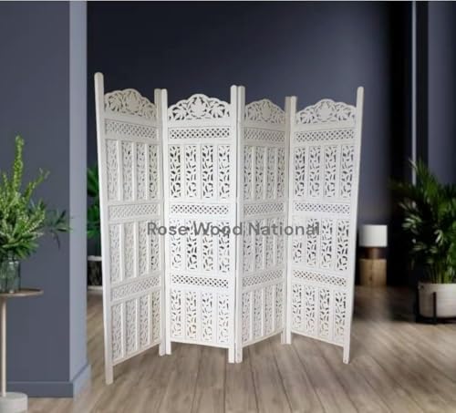 Image of Wooden Room Divider 6 Feet, 4-Panel Folding Wooden Partition for Living Room, Office, Pooja Room, Restaurant, Kitchen & Balcony (2W x 1.82H Meters). (White-Floral Pattern)