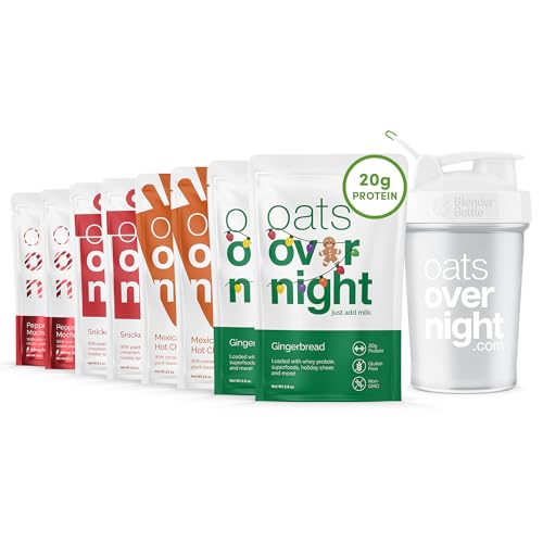Oats Overnight - Holiday Variety Pack 20g Protein, 5g Fiber Breakfast Shake - Gluten Free, Non GMO Oatmeal Snickerdoodle, Gingerbread, & More (8 Pack + BlenderBottle)