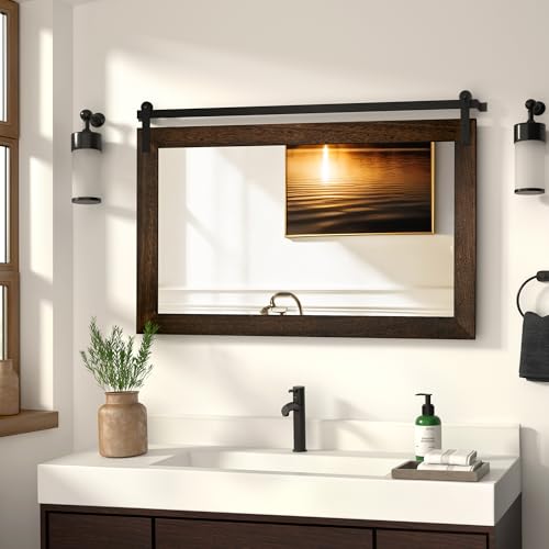 Image of COGOOD Farmhouse Barn Door Mirror - 41 x 26 Rustic Wood Framed Wall Mirror for Bathroom, Living Room, Entryway Wall Decor (Black Brown)