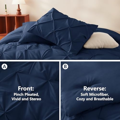 CozyLux King Size Comforter Set Navy Blue, 7 Pieces Pintuck Bed in A Bag Blue Comforter King Size, Pinch Pleat Bedding Set with All Season Comforter, Sheets, Pillowcases & Shams
