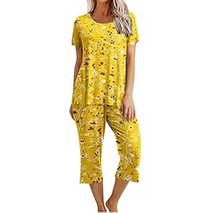 Pyjamas Femmes Ensemble Pyjama Femme Sleepwear Chemisier Manche Courte + Pantalon 3/4 Idéal pour Printemps-Été Grande Taille Vêtement De Nuit Léger Et Respirant Printemps Été Pyjama