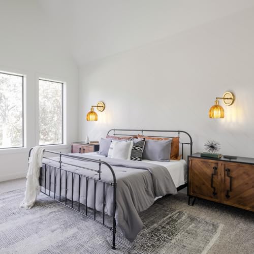 Image of Wall Sconces Set of 2 Vintage Wall Lights Indoor with Amber Glass Shade 180Adjustable,Twist Switch Modern Wall Lighting Fixture for Bedroom Bathroom Doorway Vanity Entryway Living Room