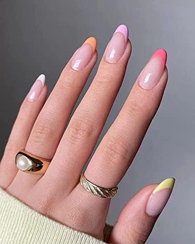 JUSTOTRY 24 Pcs Almond Press on Nails Short, Milky White and Glitter Gold French Stick on Nails with Designs,Pink False Nails Short for Women, Fake Nails Oval with Glue for Nails Art