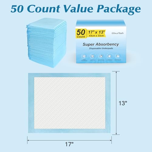 50 count super absorbency disposable underpads leakproof quick drying disposable pads for baby puppy and adults disposable changing pads for baby disposable diaper changing pads 17 x 13 blue
