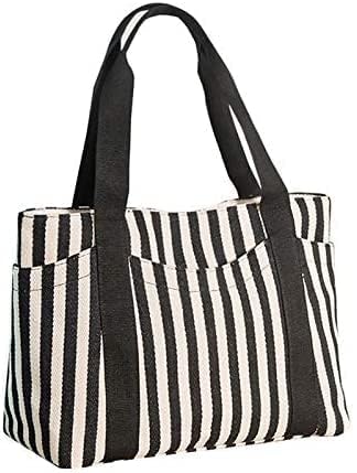 Medium Tote Bag for Women, Canvas Fall Purse Handbag, Black and White Purses, Striped Everything Bag, Beach Bags with Zipper & Multi Pockets, Carry On Work Bag Hand Bags for Mom (M Black+White)