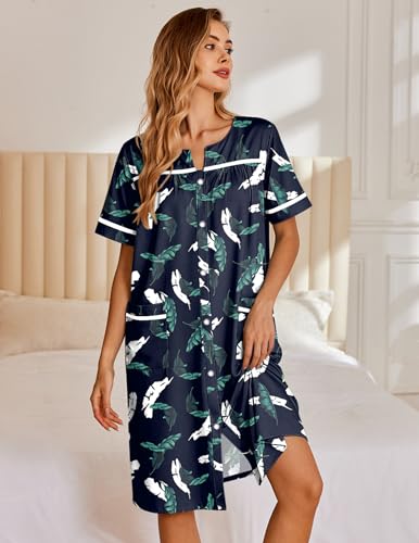 Image of Ekouaer Nightgowns for Women House Dress with Pockets Snap Front House Coat Short Sleeve Duster Moo Moos Sleepwear S-3XL