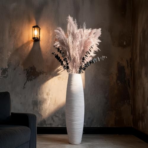 Image of Large Floor Vase 35.4 inch Matte White, Resin Wide-Body Vase with Horizontal Ribbed Texture for Dried Pampas Grass Branches, Modern Home Decor for Living Room Corner Entryway