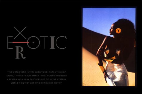 A book spread with the word 'EXOTIC' stylized on the left, and on the right, an image of Iman in a desert setting, wearing a gold top and silver skirt.
