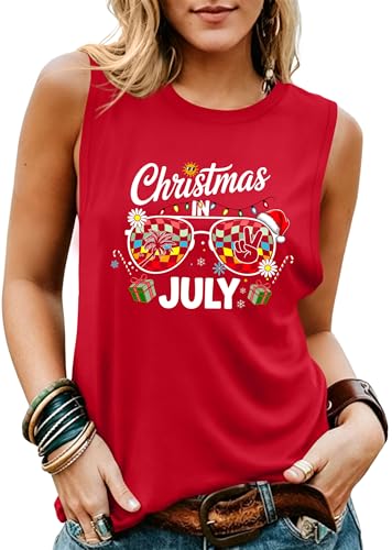 Christmas in July Shirt for Women: Palm Tree T-Shirt Christmas Hawaiian Vacation Tank Xmas Sleeveless Gift Top