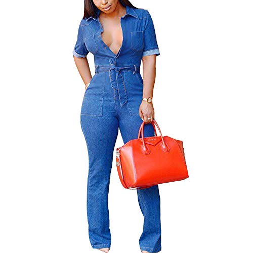 Women's Deep V Neck Denim Jumpsuits Stylish Button Down Wide Leg Denim Rompers Sexy Half Sleeve Tie Front Slim Fit Bootcut Stretch Jean Romper with Pockets,LightBlue,TAG XL(Fits Like US XL)