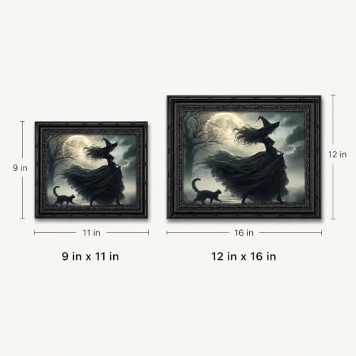 Black Framed Wall Art Halloween Gothic Witch Canvas Print Moonlit Witch with Black Cat Decor Picture Dark Academia Moody Halloween Artwork for Living Room Bedroom 9x11 inch - image 4