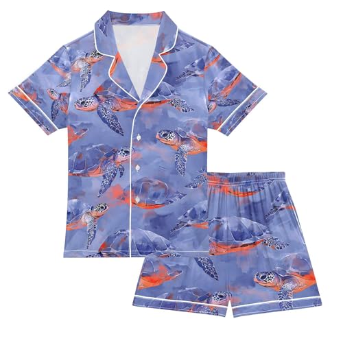 senya Fire Ice Turtle Satin Summer Pajama Sets Silk Short Sleeve Button Down Sleepwear