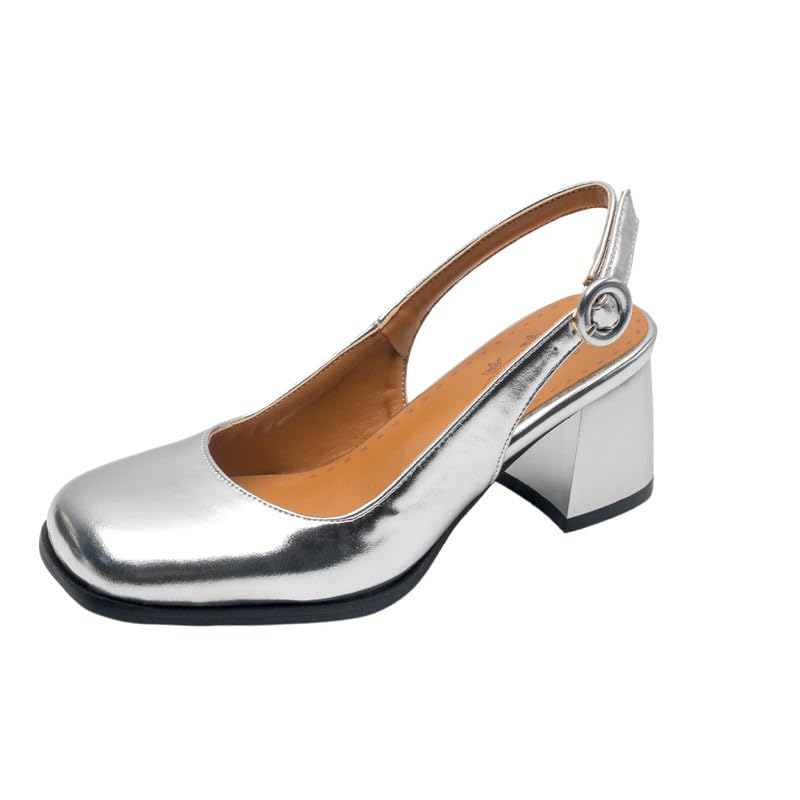 Cuero de patente punta cuadrada hebilla correa zapatos de mujer, tacón de bloque medio con 6 cm bombas para mujer de gran tamaño Z034s36T