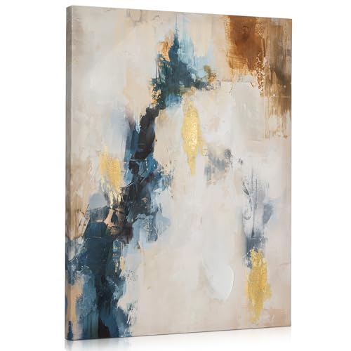 Image of Briful 28"x20" Large Canvas Wall Art for Living Room | 70cm x 50cm Hand-painted Abstract Wall Art | Framed Prints Blue Gold Gradients | Textured Oil Painting Canvas for Bedroom Wall Decor