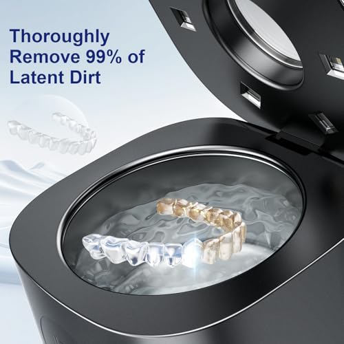 Ultrasonic Retainer Cleaner, 48W 49KHz 8oz with 6 LED Lights, Sonic Dental Cleaning Machine for Dentures, Jewelry