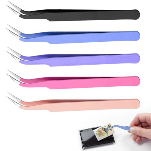 Nouiseuns Curved Craft Tweezers – 5 Pcs Stainless Steel Tweezers Set with Curved Precision Tips, Ideal Craft Tweezers Precision Tools for Fine Detailing in DIY, Stickers, Cards & Jewelry Projects