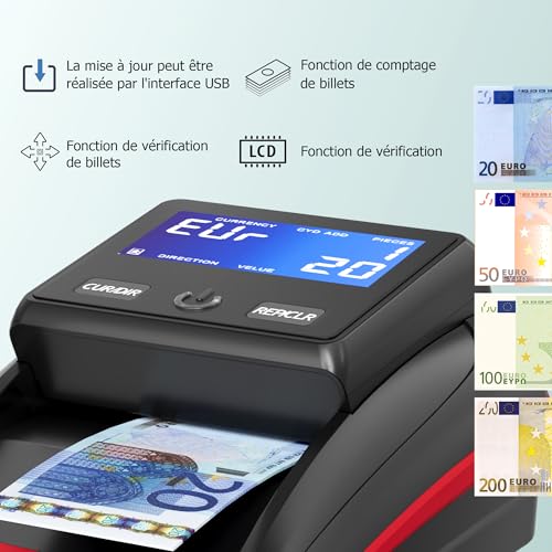 Détecteur de faux billets Euro rechargeable automatique multi-devises rouge