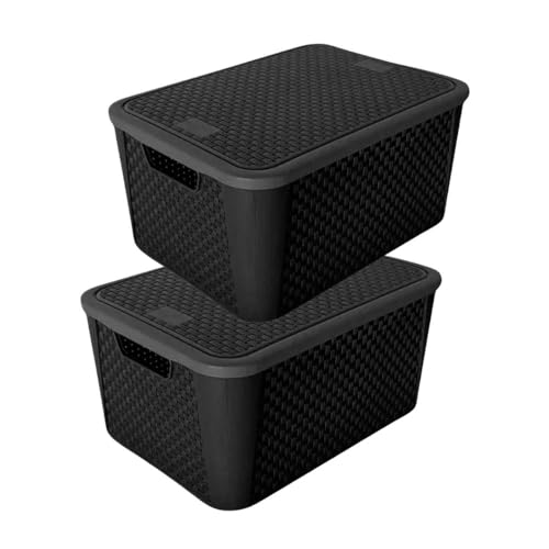 KIT Com 2 Caixas Organizadoras 17L Rattan com Tampa – Preta, Versátil e Empilhável