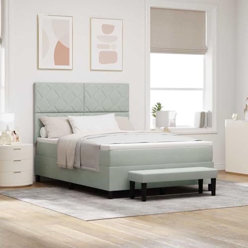 ACAGALA Cama con somier con colchón de 140 x 190 cm, cama doble con cabecero ajustable, cama tapizada de terciopelo, estructura de cama con somier, cabecero de cama en diseño de bloques de diamantes