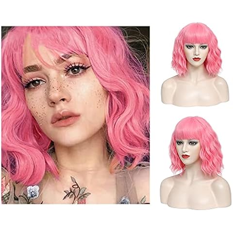 Pastel Wavy Wig With Air Bangs Women Short Bob Purple Pink Curly Shoulder Length BoSynthetic Wine Red Natural Looking Heat Resistant Fiber for Women(14inch) (pink-purple) (Pink) Cover