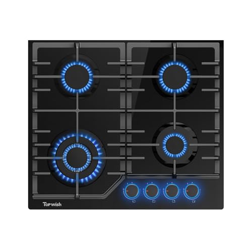 TOPWISH cocina de gas 4 fuegos,cocina de gas,placa de gas,cocina gas con azul mando giratorio iluminado,natural/propano convertible,válvulas de seguridad,apagado automático, vitrocerámica,8000 Watt